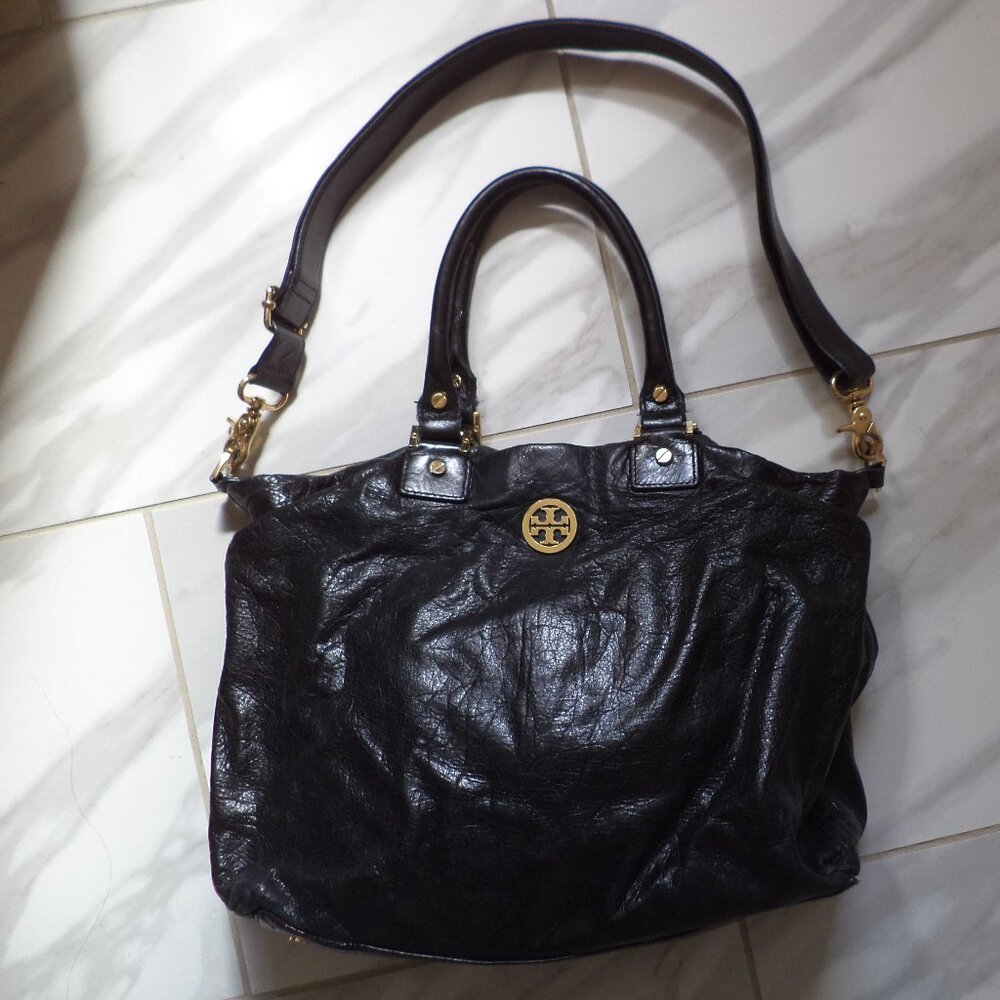 Tory Burch Dena Black Glazed Cracked Leather Distressed Hodo Shoulder Bag